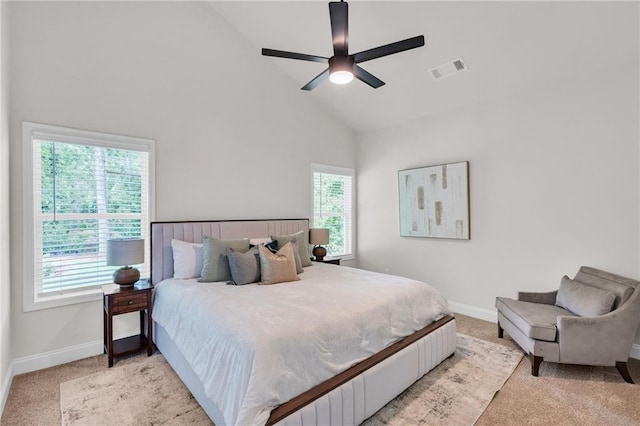 623 Hamilton E Holmes Dr NW, Atlanta, GA 30318 - bedroom with high vaulted ceiling, light colored carpet, and ceiling fan