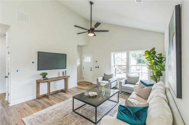 623 Hamilton E Holmes Dr NW, Atlanta, GA 30318 - living area featuring wood finished floors, plenty of natural light, a ceiling fan, and high vaulted ceiling