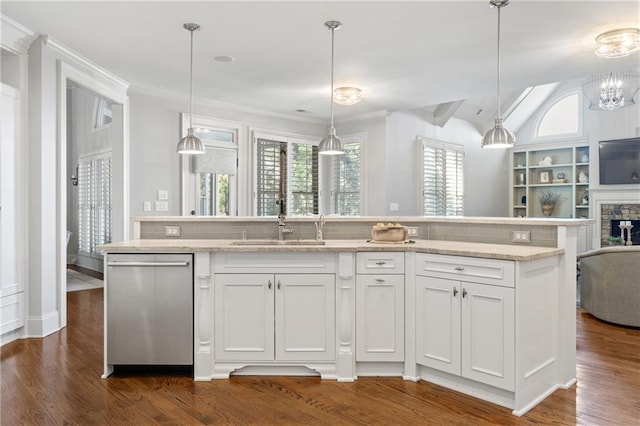 kitchen featuring dark wood finished floors, white cabinetry, open floor plan, and dishwasher