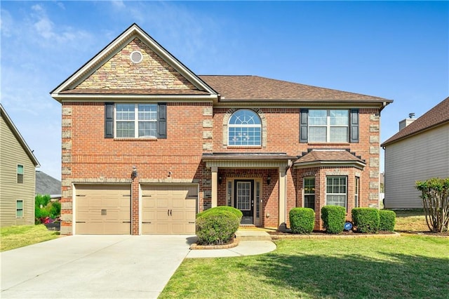 532 Pelham Pl, Mcdonough, GA 30253 - view of front facade featuring a garage, brick siding, driveway, and a front lawn