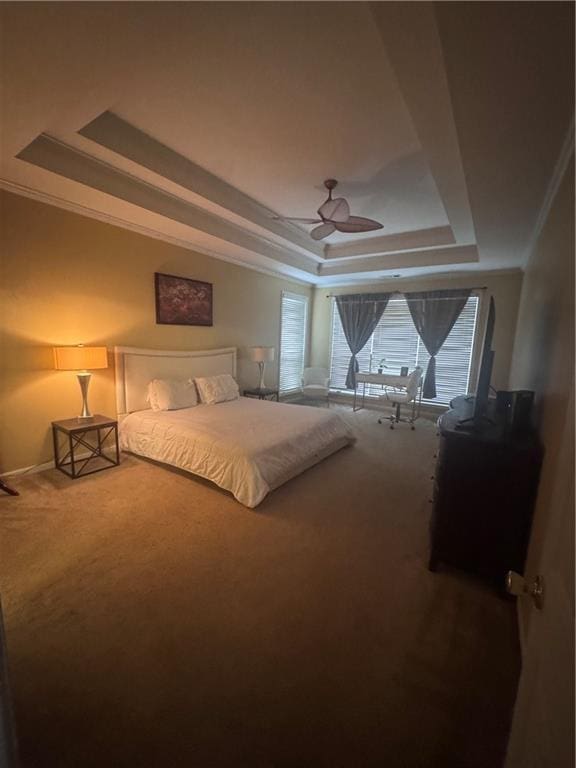 458 Vinings Vintage Cir, Mableton, GA 30126 - bedroom with a tray ceiling, carpet floors, ornamental molding, baseboards, and a ceiling fan