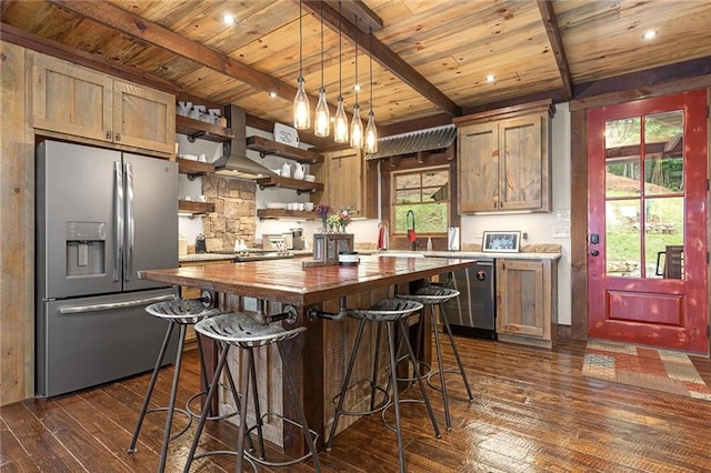 kitchen with wood ceiling, stainless steel fridge, dark hardwood / wood-style floors, wooden counters, and pendant lighting