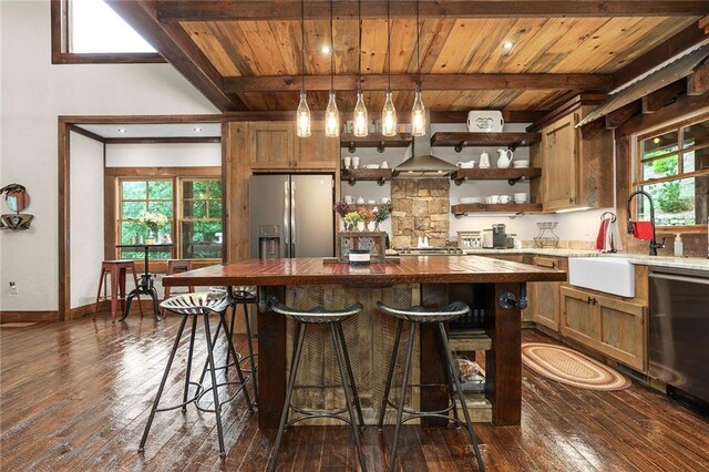 kitchen with hanging light fixtures, a kitchen island, sink, dark hardwood / wood-style floors, and appliances with stainless steel finishes