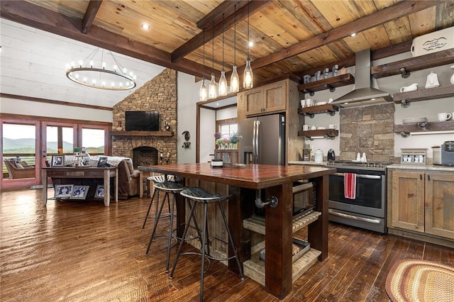 kitchen with a notable chandelier, appliances with stainless steel finishes, dark hardwood / wood-style flooring, and island exhaust hood