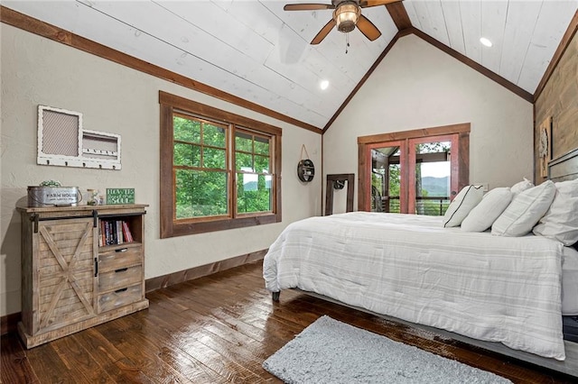 bedroom featuring multiple windows, ceiling fan, dark hardwood / wood-style floors, and lofted ceiling with beams