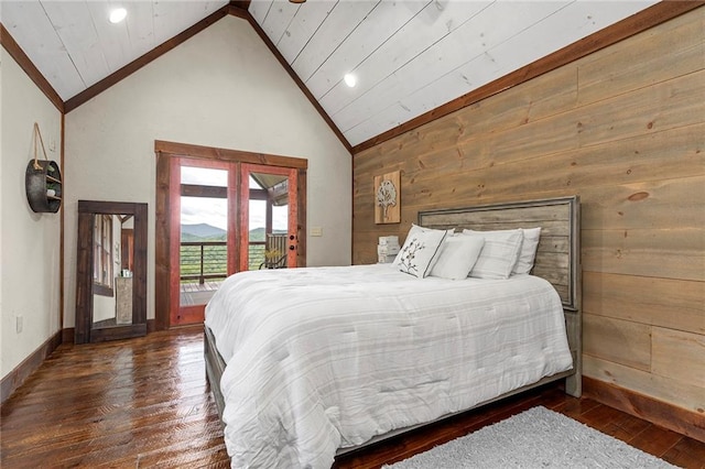 bedroom with wood walls, dark hardwood / wood-style flooring, access to outside, and wooden ceiling