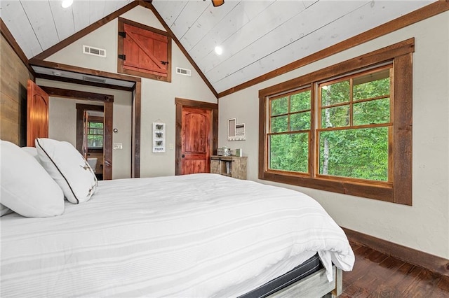 bedroom featuring wooden ceiling, vaulted ceiling, and hardwood / wood-style flooring