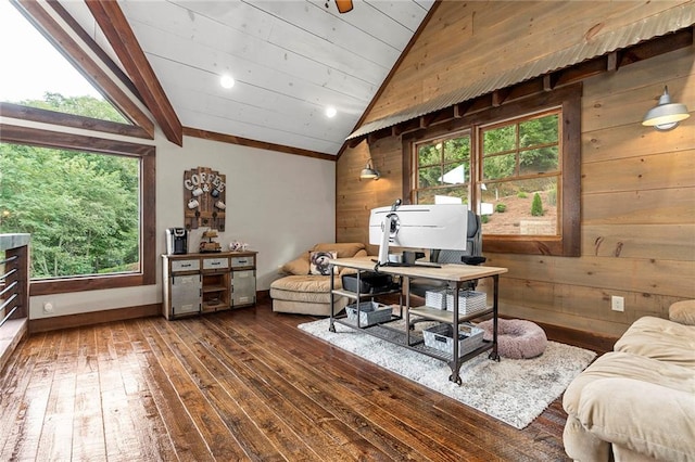 home office featuring wood ceiling, dark wood-type flooring, wooden walls, and vaulted ceiling with beams