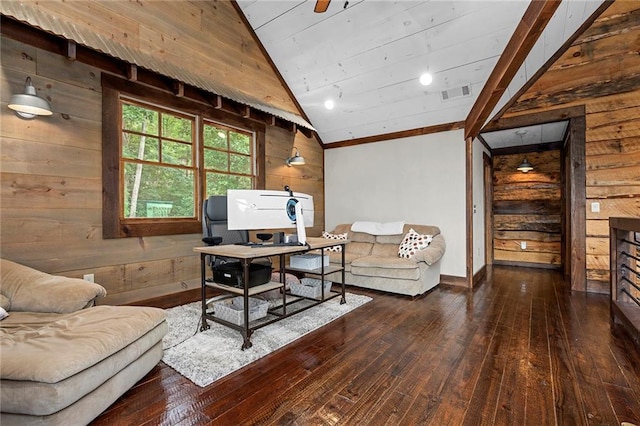 interior space featuring wood ceiling, lofted ceiling, dark hardwood / wood-style flooring, and wooden walls