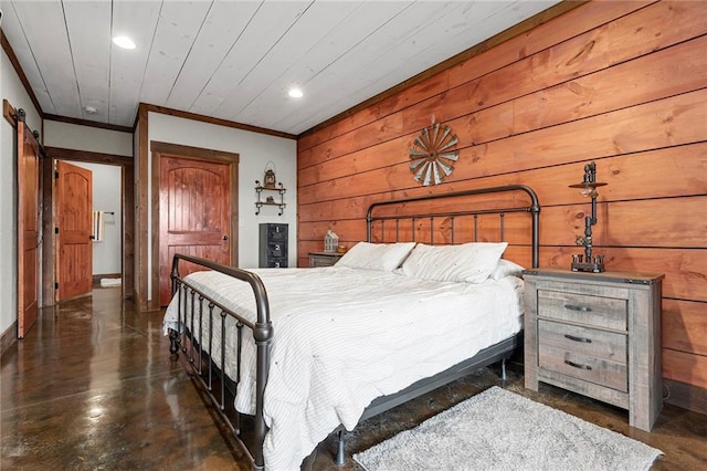 bedroom with access to exterior and wooden walls