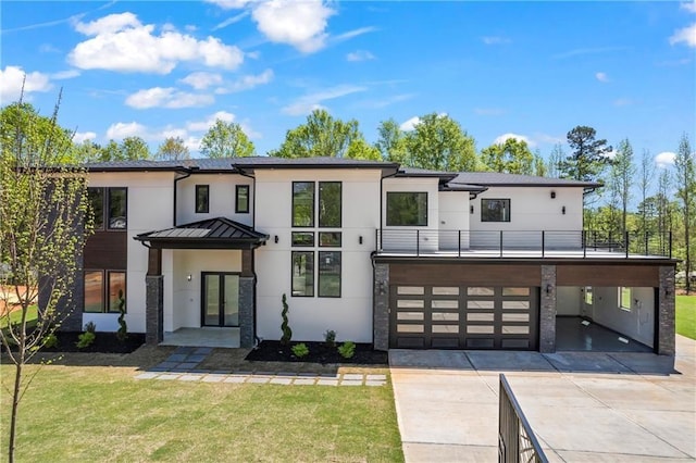 4238 Hamilton Mill Rd, Buford, GA 30519 - modern home with stucco siding, concrete driveway, a front yard, and a balcony