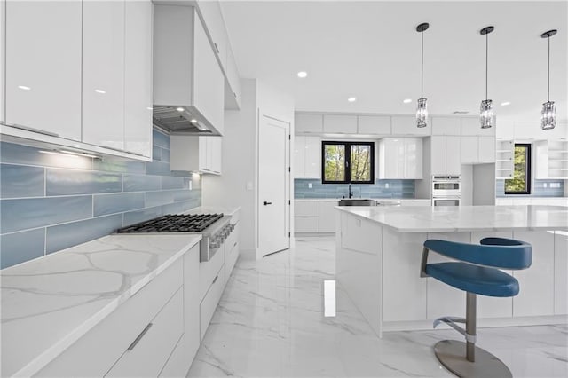 4238 Hamilton Mill Rd, Buford, GA 30519 - kitchen with modern cabinets, stainless steel appliances, white cabinets, a sink, and light marble finish floors
