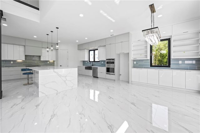4238 Hamilton Mill Rd, Buford, GA 30519 - kitchen featuring modern cabinets, appliances with stainless steel finishes, open shelves, tasteful backsplash, and recessed lighting