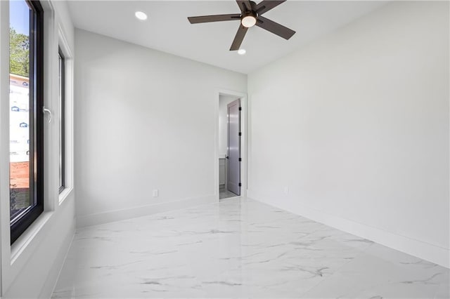 4238 Hamilton Mill Rd, Buford, GA 30519 - unfurnished room with marble finish floors, ceiling fan, baseboards, and recessed lighting