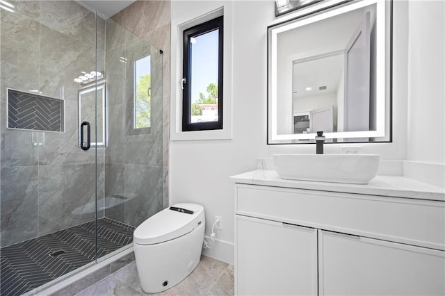 4238 Hamilton Mill Rd, Buford, GA 30519 - bathroom with toilet, a shower stall, vanity, and marble look tile flooring