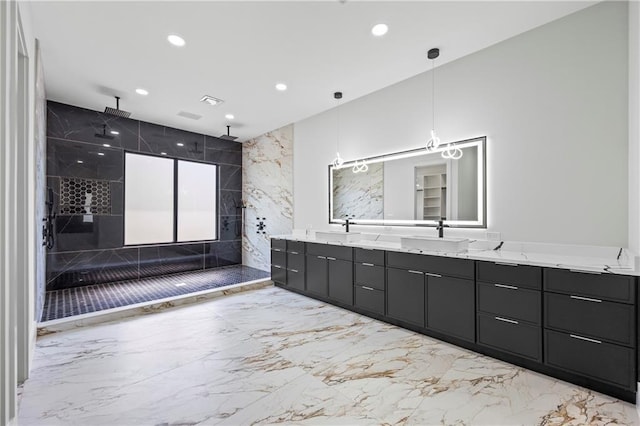 4238 Hamilton Mill Rd, Buford, GA 30519 - full bathroom with marble tiled floors, recessed lighting, double vanity, and a tile shower