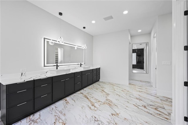 4238 Hamilton Mill Rd, Buford, GA 30519 - full bathroom featuring marble finish floors, double vanity, recessed lighting, and baseboards