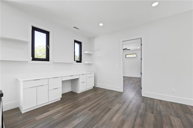 4238 Hamilton Mill Rd, Buford, GA 30519 - unfurnished office featuring built in study area, plenty of natural light, recessed lighting, dark wood-style floors, and baseboards