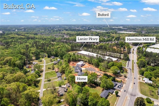 4238 Hamilton Mill Rd, Buford, GA 30519 - aerial view of property and surrounding area featuring a forest and a main thoroughfare