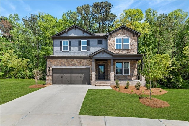 4002 Adler Cir, Buford, GA 30519 - craftsman inspired home with a front lawn, driveway, covered porch, stone siding, and a garage