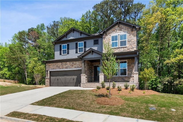 4002 Adler Cir, Buford, GA 30519 - craftsman-style house with concrete driveway, an attached garage, stone siding, and a front yard