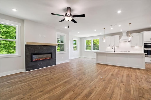 4002 Adler Cir, Buford, GA 30519 - unfurnished living room with a premium fireplace, light wood-type flooring, baseboards, and a sink