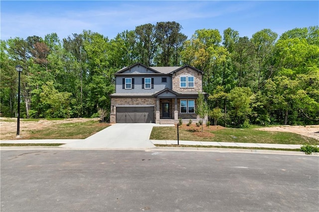 4002 Adler Cir, Buford, GA 30519 - craftsman-style home featuring stone siding, driveway, a front yard, and a garage