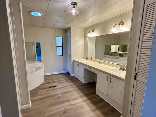 bathroom featuring vanity, wood-type flooring, and a tub to relax in