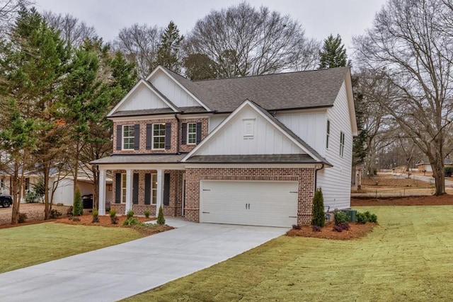 craftsman inspired home featuring a garage, covered porch, and a front lawn