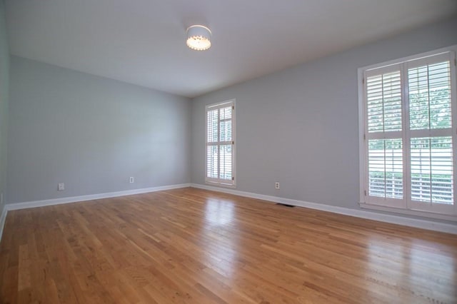 empty room featuring light wood-type flooring, baseboards, and a healthy amount of sunlight