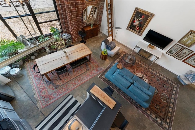 living room with brick wall