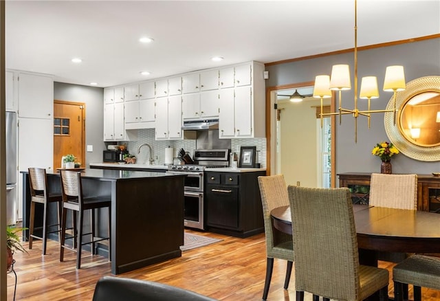 kitchen featuring decorative backsplash, white cabinets, appliances with stainless steel finishes, under cabinet range hood, and a sink