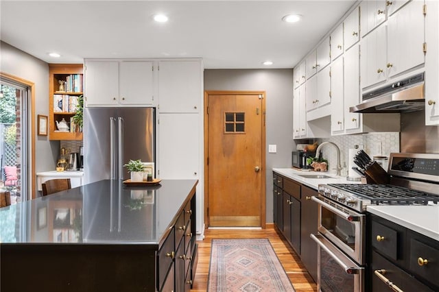 kitchen with appliances with stainless steel finishes, white cabinets, a sink, and under cabinet range hood