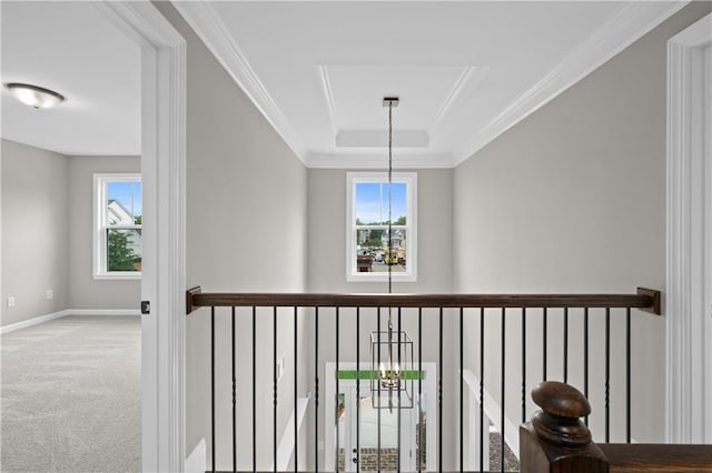 hallway featuring carpet floors, a raised ceiling, plenty of natural light, and ornamental molding