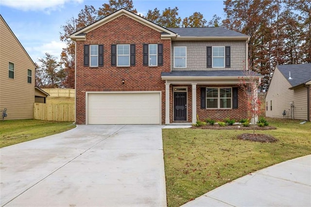 traditional-style home featuring concrete driveway, brick siding, and a front lawn