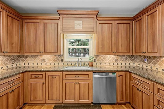 2203 Arbor Hill Rd, Canton, GA 30115 - kitchen featuring dishwasher, a sink, light stone countertops, light wood-style floors, and decorative backsplash
