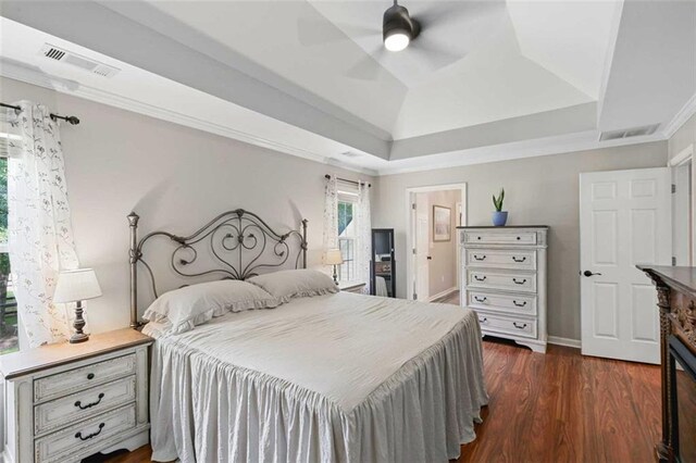 2203 Arbor Hill Rd, Canton, GA 30115 - bedroom with a raised ceiling, dark wood-style flooring, baseboards, and ceiling fan