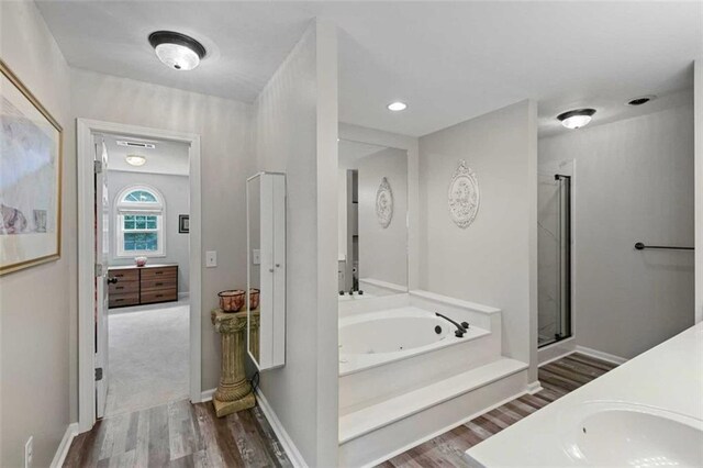 2203 Arbor Hill Rd, Canton, GA 30115 - full bathroom with wood finished floors, a stall shower, vanity, and a tub with jets
