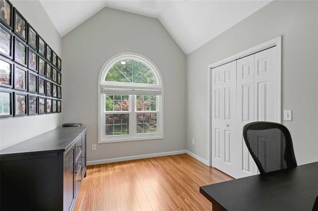 2203 Arbor Hill Rd, Canton, GA 30115 - office area featuring light wood finished floors, vaulted ceiling, and baseboards