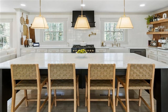 kitchen with stove, plenty of natural light, a sink, and crown molding