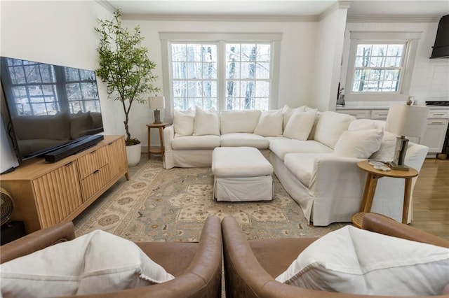 living area with ornamental molding and light wood-style floors