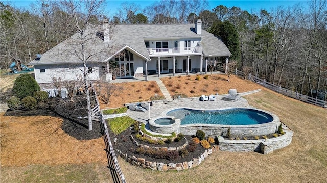 2150 Fincher Rd, Canton, GA 30114 - rear view of house with a lawn, a patio area, fence, a balcony, and a chimney
