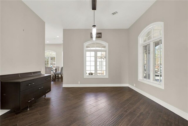2150 Fincher Rd, Canton, GA 30114 - unfurnished dining area featuring baseboards, dark wood finished floors, visible vents, and recessed lighting