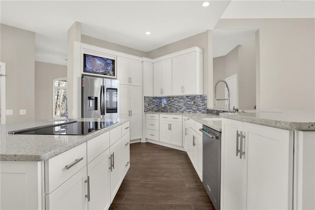 2150 Fincher Rd, Canton, GA 30114 - kitchen featuring a sink, dark wood finished floors, light stone counters, and stainless steel appliances