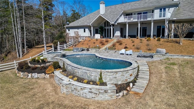 2150 Fincher Rd, Canton, GA 30114 - view of pool with a fire pit, a pool with connected hot tub, fence, stairway, and a patio