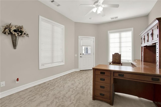 2150 Fincher Rd, Canton, GA 30114 - office space featuring baseboards, visible vents, light colored carpet, and a ceiling fan