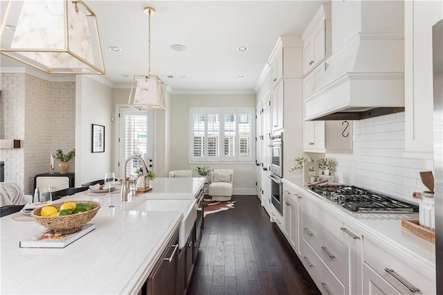 kitchen featuring white cabinetry, stainless steel appliances, dark hardwood / wood-style flooring, pendant lighting, and custom exhaust hood