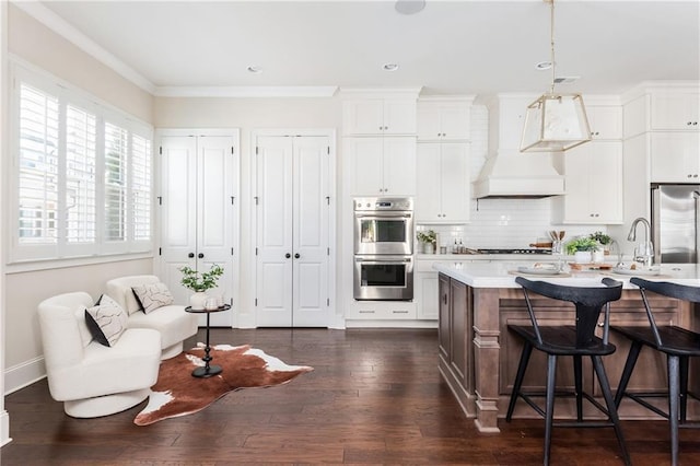 kitchen with white cabinetry, dark hardwood / wood-style flooring, custom range hood, and appliances with stainless steel finishes