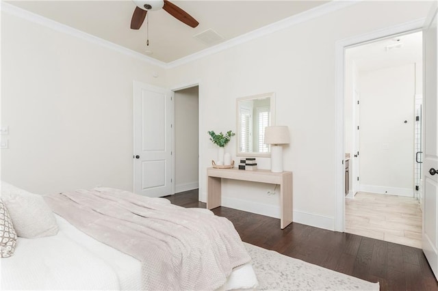 bedroom with ceiling fan, dark hardwood / wood-style flooring, and crown molding