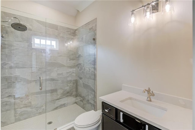 bathroom with vanity, a shower with shower door, and toilet